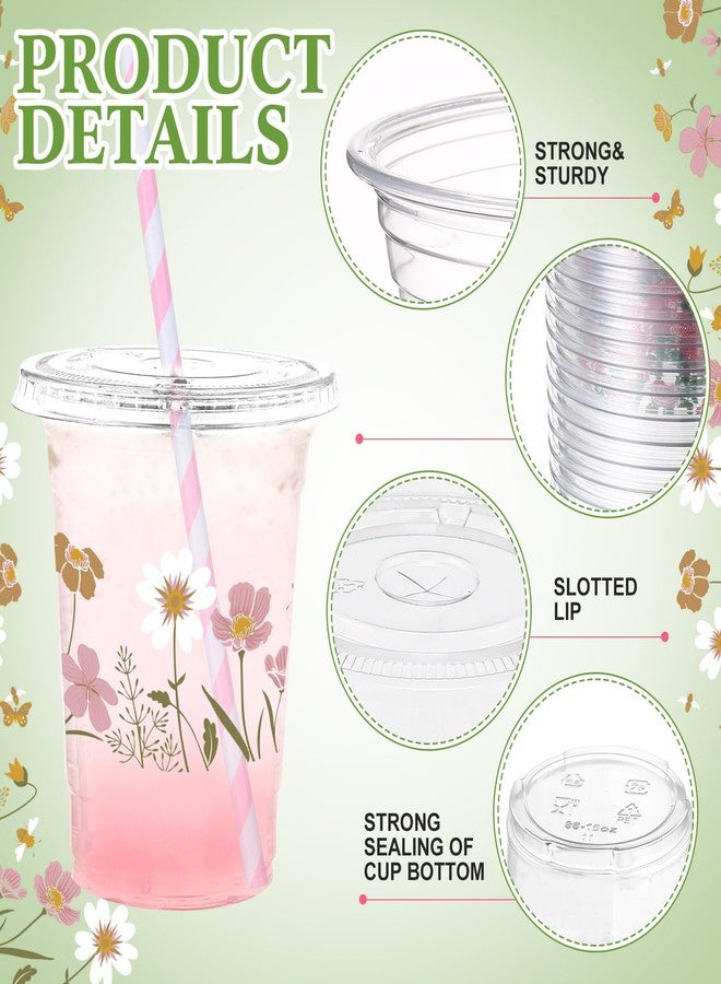 Funnymoom 50 Pcs Boho Flower Disposable Cups with Lids and Straw 12 oz Spring Summer Floral Clear Plastic Drinking Cups Wildflowers Drinking Cups for Summer Spring Birthday Baby Shower Party Supplies - Image 3